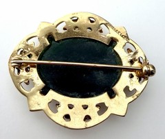 2 Vintage Oval Brooches, 12k GF, LSP Co., JJJ, Dark Green, MTGold Leaf Floral