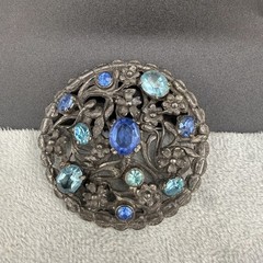 Vintage Pot Metal Rhinestone Brooch Silver Tone Blue