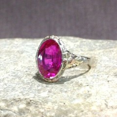 Vintage Man-Made Pink Ruby & Tri-Color 10K Gold Ladies Handmade Ring