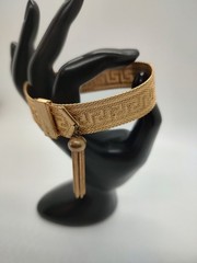 Art Deco Byzantine Greek Key Chain Tassel Gold Tone Mesh Slide Bracelet!