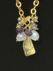 Artisan Pendant Necklace Gemstone Amethyst Quartz Pearl Cluster Leather Cord 16″