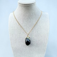 Vintage Eggplant Necklace Midcentury Black Glass Turquoise Pendant Gold Tone 26”