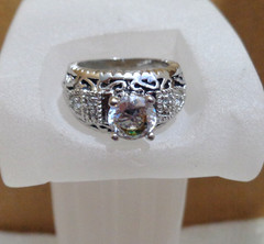 Size 5.5 Vintage Sterling Silver & Solitaire CZ w/Diamond Chips Ring 7.1 grams