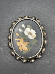 Antique Sterling Pietra Dura Pin/Brooch Mosiac Floral