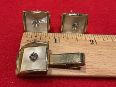 Vintage Cufflinks & Tie Bar – Gold Tone Mother of Pearl Like w/Rhinestone Center