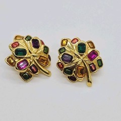 Joan Rivers Leaf Earrings Pierced Crystal Multicolored Gold tone Vintage 1.25 in
