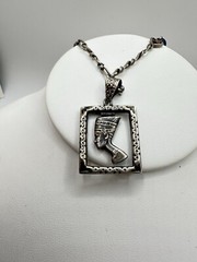 VTG Silver Egyptian Revival Goddess Necklace Blue Glass/stone Bead Unsigned Read