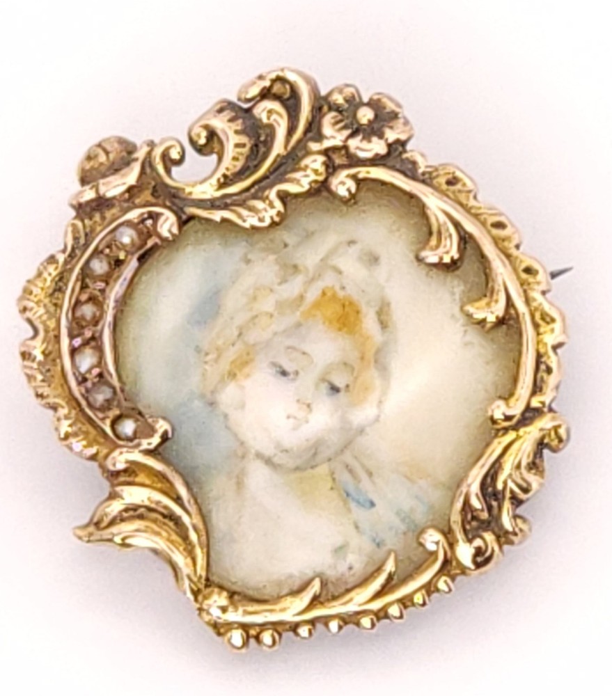 Victorian 15k 18k Yellow Gold Handmade Brooch Hand Painted Blonde Red Head Woman