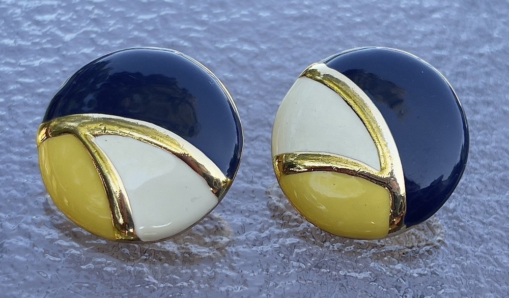 Vintage 1980s Geometric Pierced Earrings – Navy Blue, White, Yellow Enamel