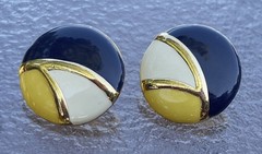 Vintage 1980s Geometric Pierced Earrings – Navy Blue, White, Yellow Enamel