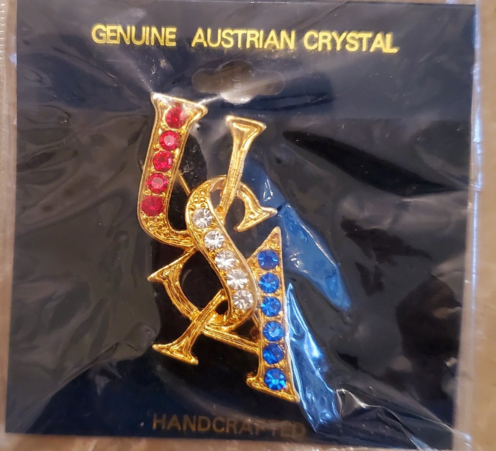 Handcrafted Gold Tone USA Brooch W/ Red White &Blue genuine Austrian crystal pin