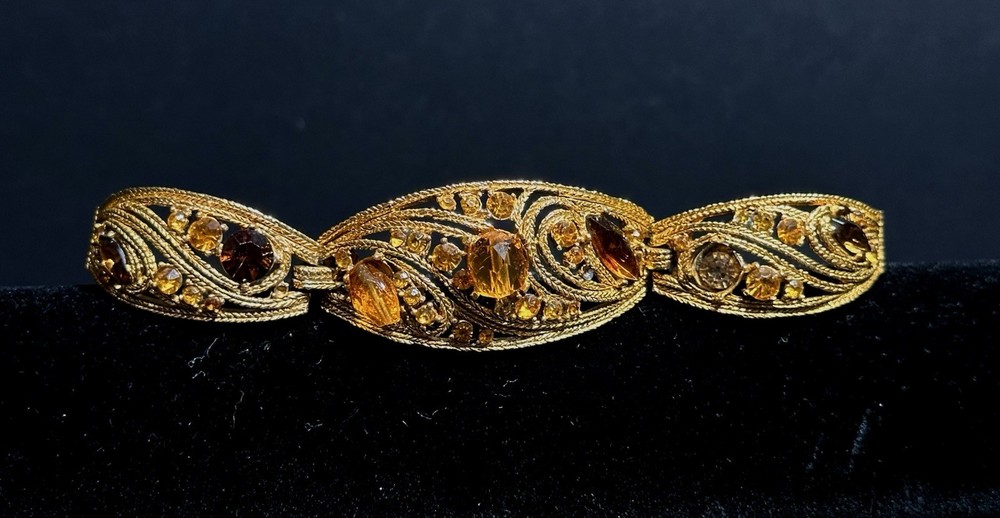 Vintage La Roco 1950s Filigree Gold Plate Shades of Topaz Rhinestone Bracelet