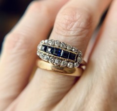Antique 14K Gold Sapphire & Diamond Saddle Ring Victorian Edwardian Estate 7.25