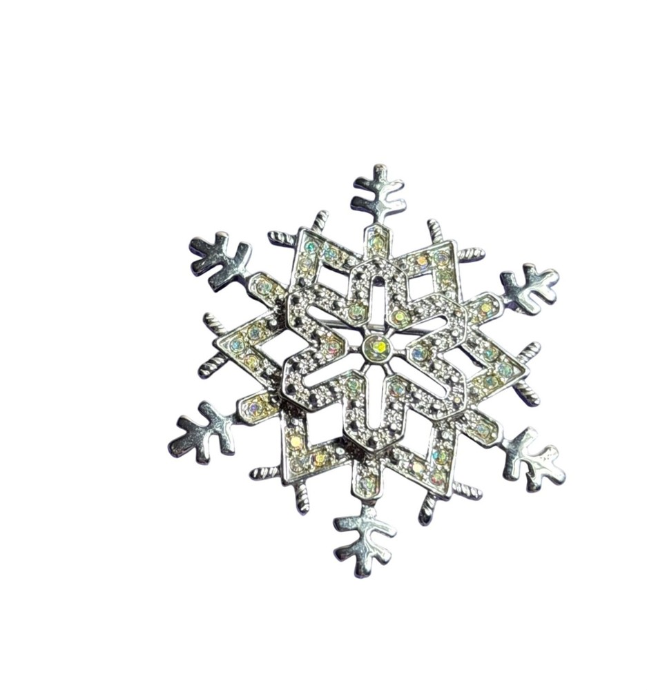 Vintage Silvertone Snowflake Brooch AB Aurora Borealis Rhinestones 2 inches