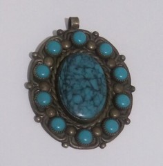 Vintage Bell Trading Post Faux Turquoise Nickel Silver Pendant