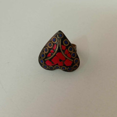 Antique Brass Heart Shape Ring – Coral and Lapis Lazuli Stone Unique Jewelry