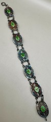 Vintage 835 Silver Enamel Filigree Panel Bracelet Green Floral European 10.65g