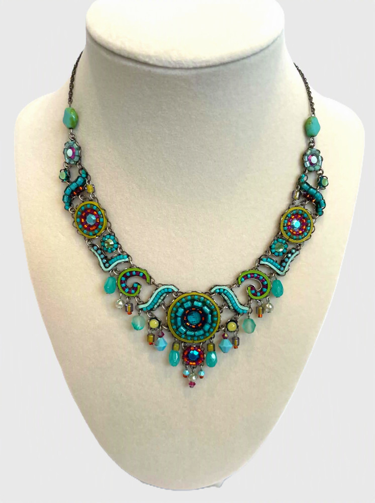 Ayala Bar Statement Necklace Turquoise Mosaic Beaded Bib Adjustable Signed 16.5″