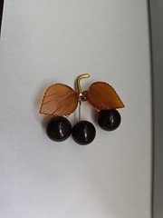 Vtg Russian Natural Baltic Amber Brooch Pin Winter Cherry Gold Plated Marked OPR