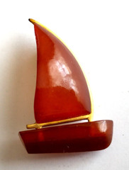 Vintage 1960s Soviet USSR Baltic Russian Cognac Amber Sail Boat Pin Signed 1.25″