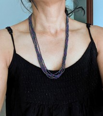 Natural Nepal Glass Seed Bead Multi Strand Necklace. Iridescent Peacock Blue 22″