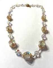 Vintage Vendome Gold Tone Filigree AB Bead Necklace Push Pin Closure 20”