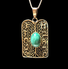VTG Sterling Silver Green Eilat Moses Stone tablet w/ Jerusalem Pendant Necklace