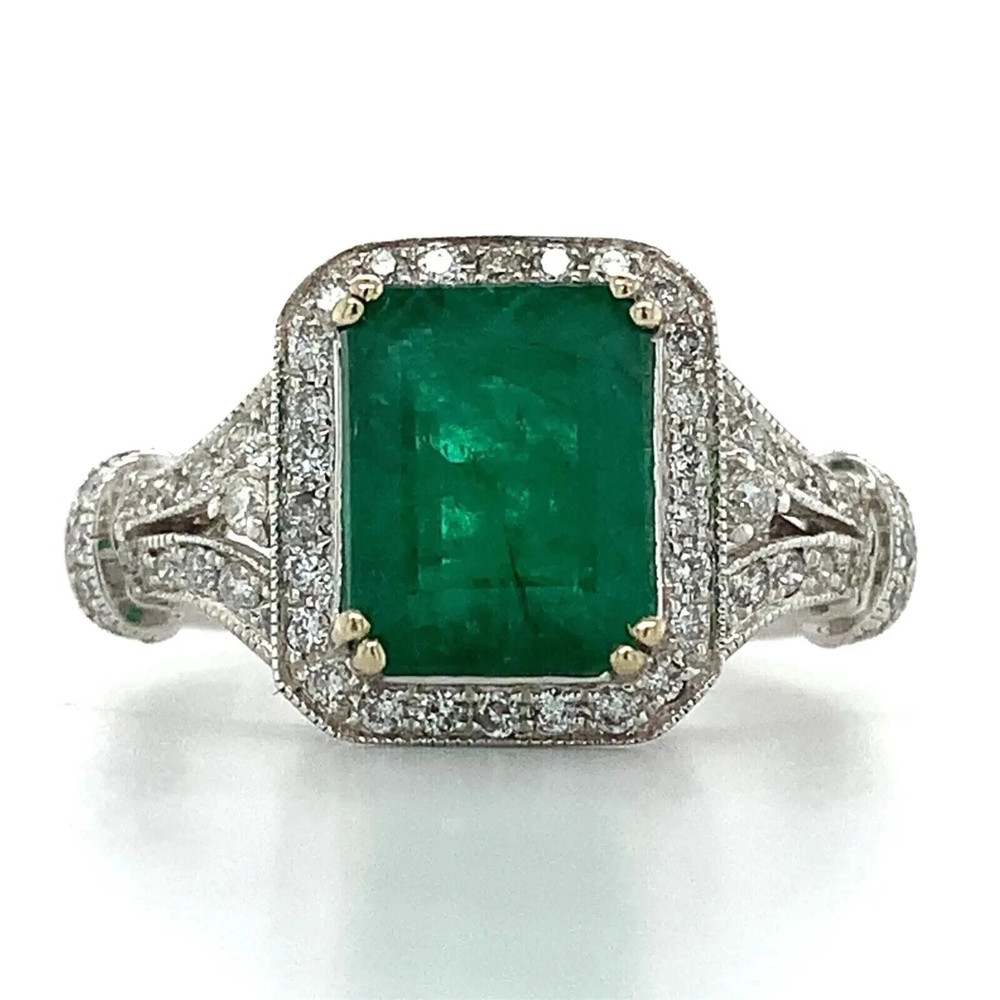 2.20Ct Emerald Cut Lab Created Emerald Halo Engagement Ring White Gold Plated