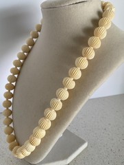 Vintage Carved Beaded Necklace Faux Ivory Celluloid Ribbed Beads Barrel Closure