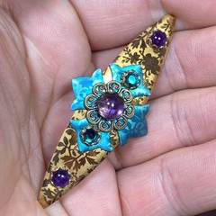 Vtg Victorian Style Art Nouveau Brooch Copper Turquoise Aqua Purple Rhinestone