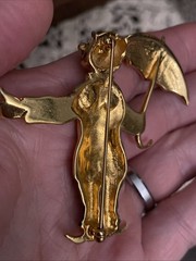Vintage Green Blue Red White Enamel Gold Tone CLOWN With UMBRELLA Brooch Pin
