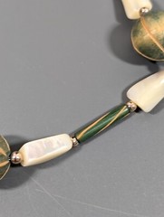 Vintage Boho Neckalce Green Carved Style Wood Cream Shell Bead Necklace 24 in