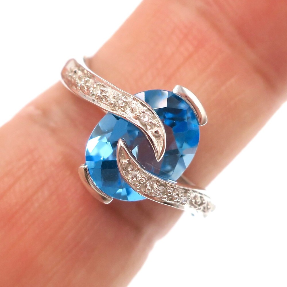 14k Solid White Gold Natural Blue Topaz and Diamond Over the Top Ring Size 6.75