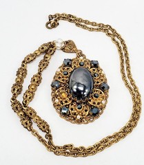 Vintage West Germany Filigree Hematite Cabochon Necklace Pendant