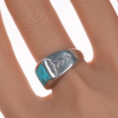sz8 Vintage Native American sterling silver flush inlay turquoise ring