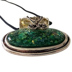 Faux Fire Opal Corded Pendant Vintage Large Silver Tone Chunky Artisan Boho Chic