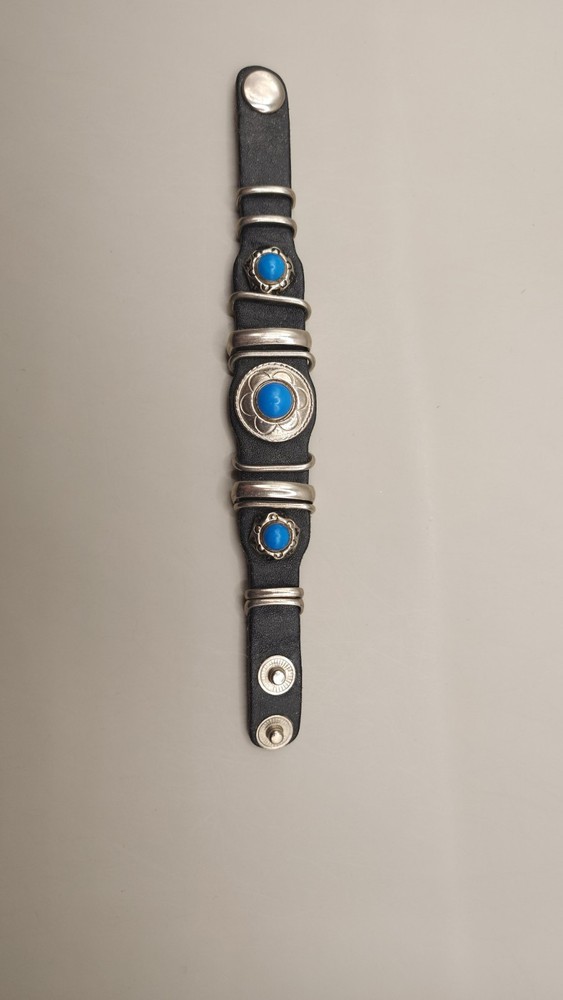 Vintage Western Leather Concho Bracelet Black Turquoise Accents Swallow Snap