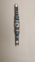 Vintage Western Leather Concho Bracelet Black Turquoise Accents Swallow Snap
