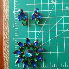 Vintage Blue Rivoli and Dark Green Marquise Brooch and Earrings Goldtone Set