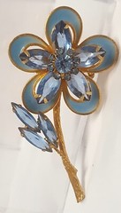 Vintage Blue Glass Rhinestone Enamel Flower Brooch Marquise Round Gold Tone Pin