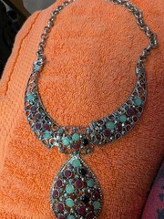 Vintage Necklace With 3 Piece Focal Setting Of Beads In Various Colors