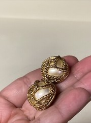 Vintage Carol Lee Earrings Large Statement Button Iridescent Pearl In Gold Cage