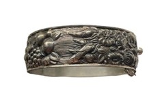 Antique Silver Plated 3-D Art Nouveau Hinged Cuff Bracelet Hallmarked