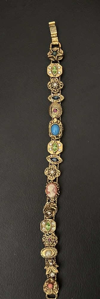 Vintage Victorian Revival charm slide bracelet Cameo Pearl 7”
