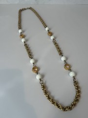 Vintage Gold Tone Chain Necklace White Bead Station Necklace 20.5”