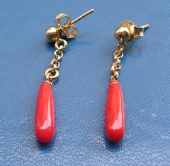 Earrings coral red genuine untreated blood of ox gold Italy drop heart