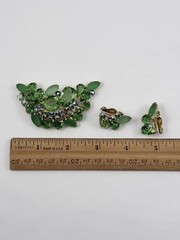 Vintage Brooch & Earrings Set W/ Green & AB Stones