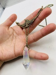 Vintage Style Art Nouveau Oxidized Brass Crane Bird w/ Rainbow Bead Necklace