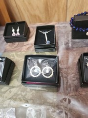 New AVON Pierced Earrings, Necklaces Bracelet w/ Heart Rhinestone Charm Lot Of 9