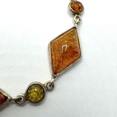 Vintage Diamond and Mini Round Shape Natural Baltic Amber Silver Bracelet 7.5”